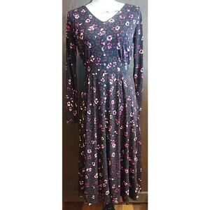 Talbots Midi Dress Women's XS Black Pink Ditsy Floral Fit & Flare Stretch Luxury